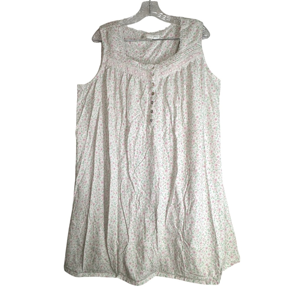 Eileen West Pima Cotton Floral Sleeveless Nightgown White Pink XL Lace Trim